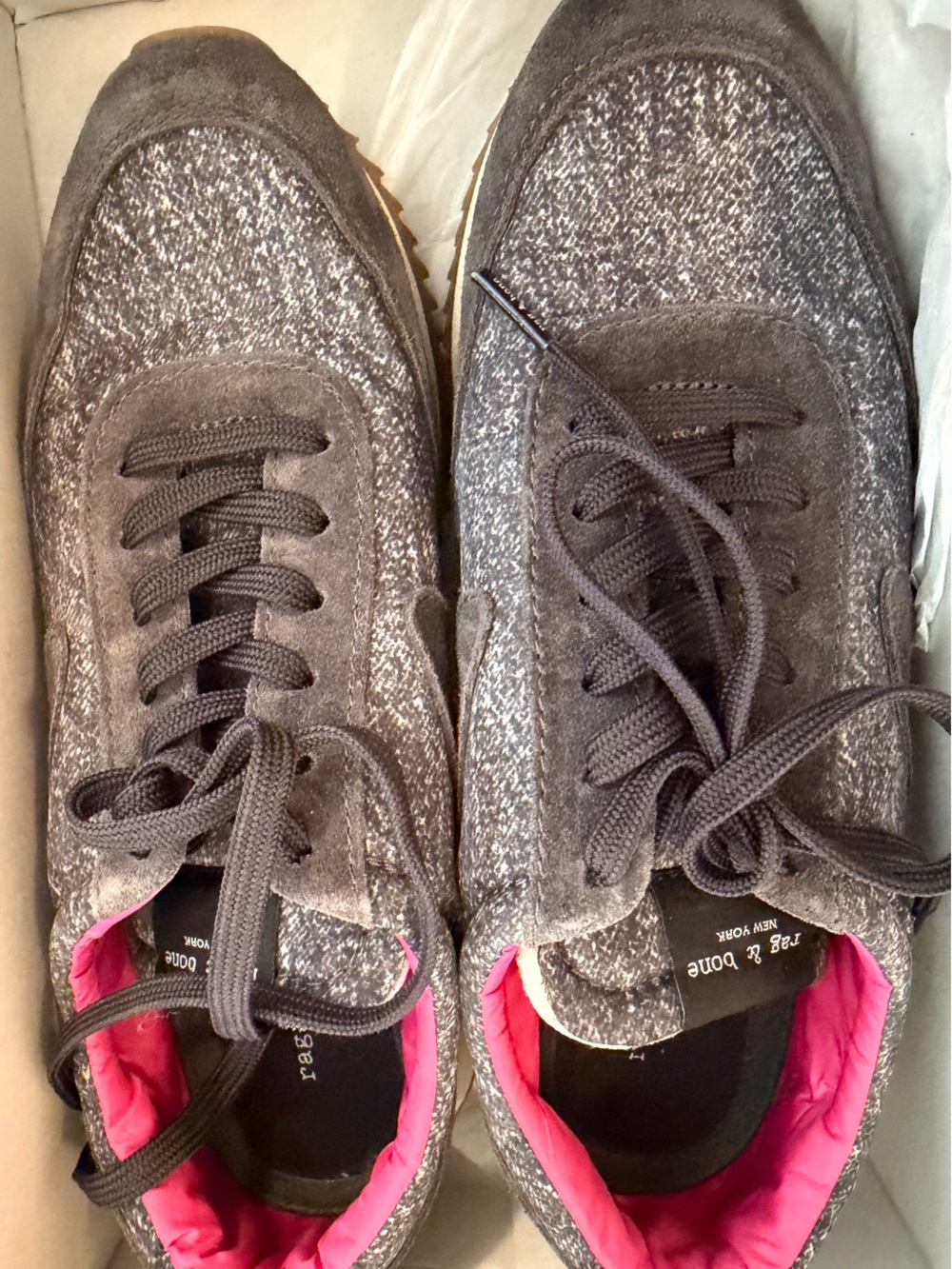 rag & bone Women's Retro Runner Sneakers in Nord Ann Grey Denim / Fuchsia